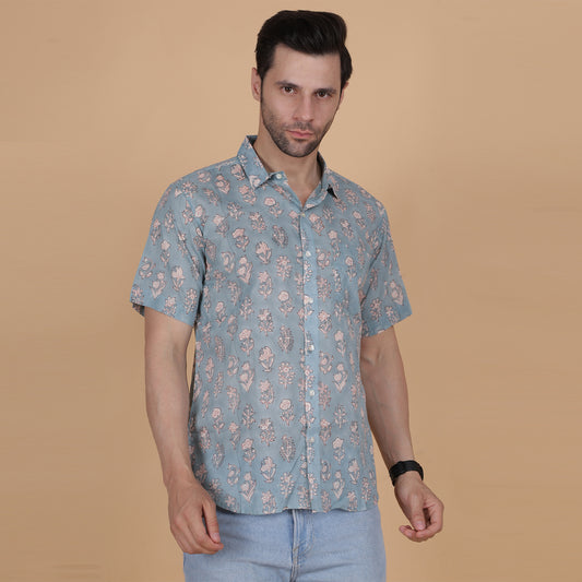 Men's Cotton Half-Sleeve Shirt with Botanical Handblock Print