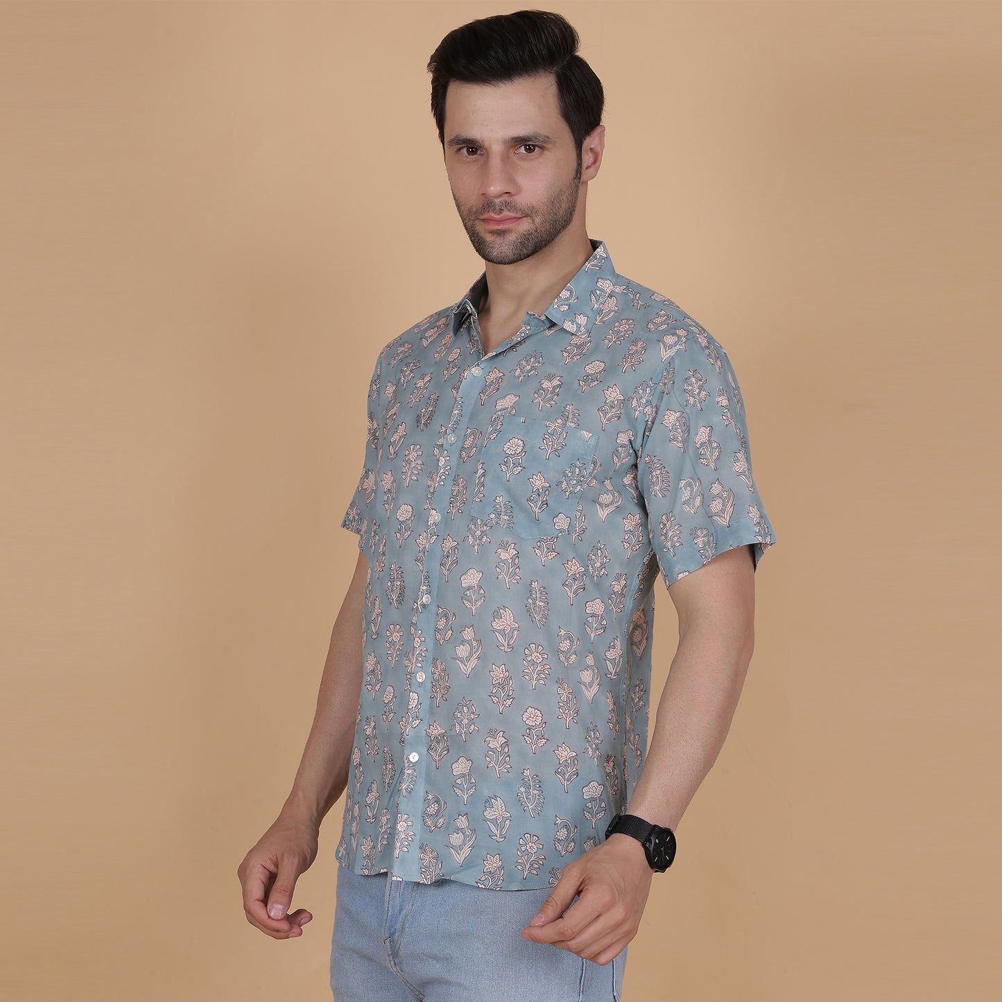 Men's Cotton Half-Sleeve Shirt with Botanical Handblock Print