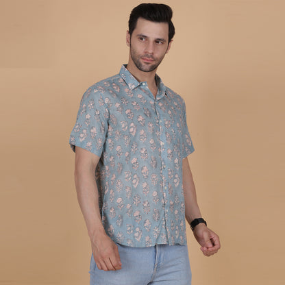 Men's Cotton Half-Sleeve Shirt with Botanical Handblock Print