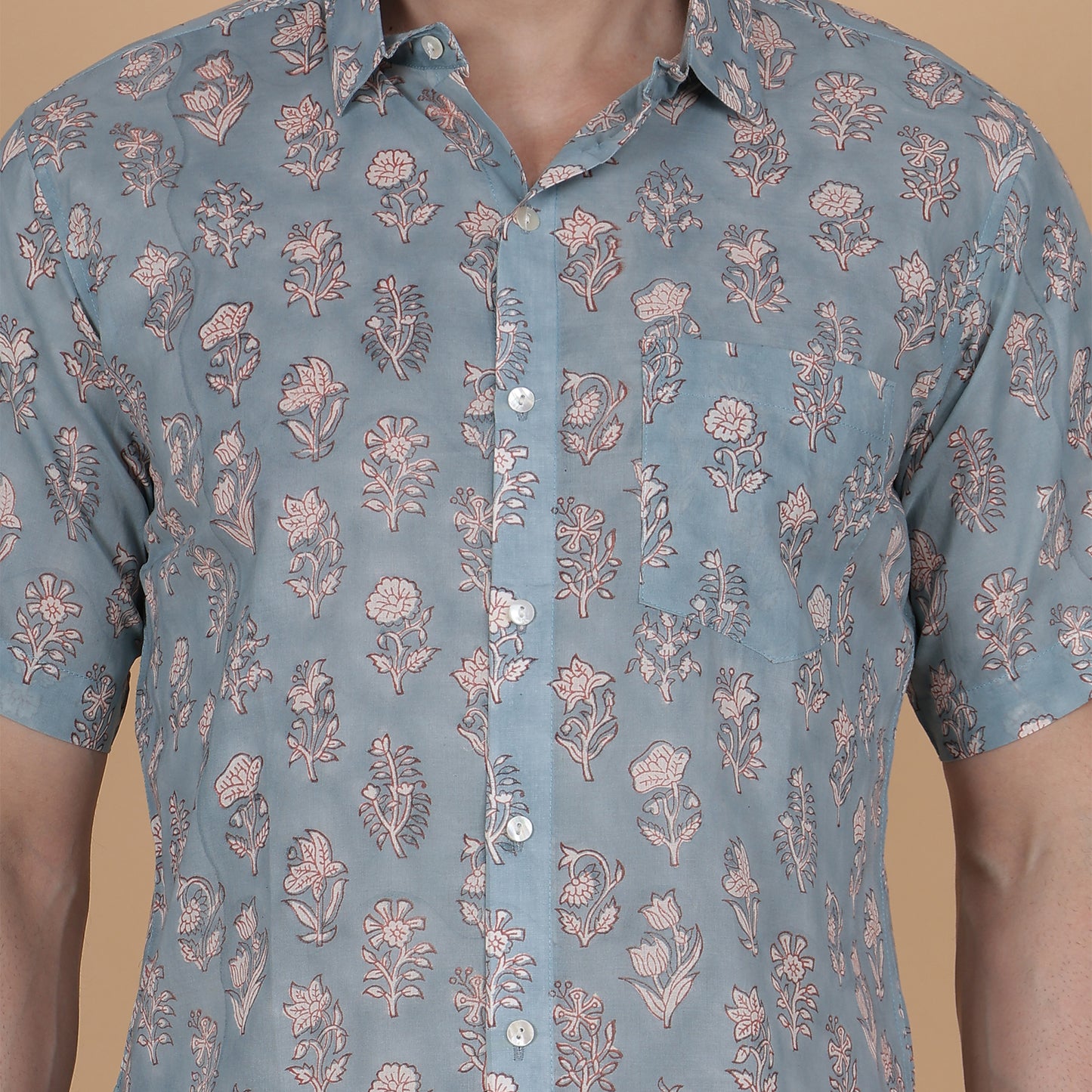 Men's Cotton Half-Sleeve Shirt with Botanical Handblock Print