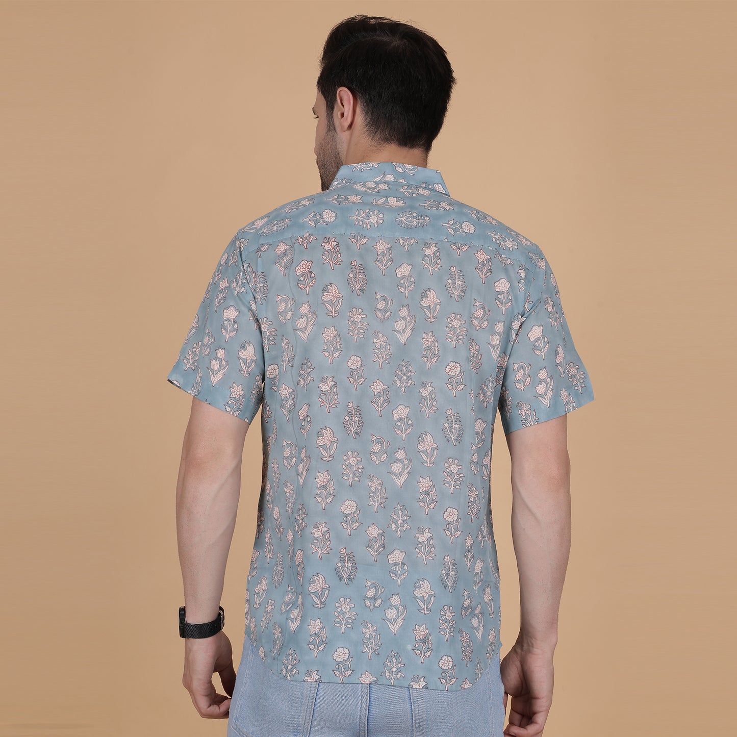 Men's Cotton Half-Sleeve Shirt with Botanical Handblock Print