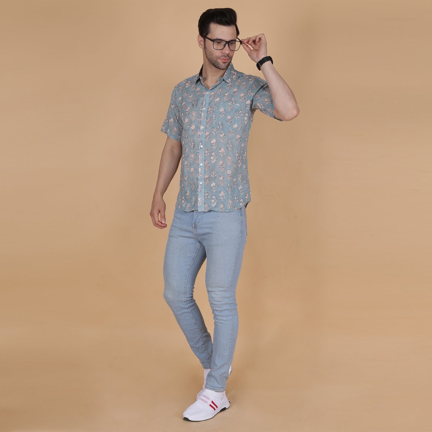 Men's Cotton Half-Sleeve Shirt with Botanical Handblock Print