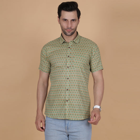 Men's Green Cotton Half-Sleeve Shirt with Floral Pattern