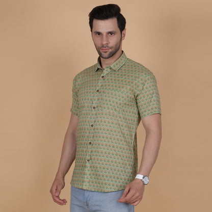 Men's Green Cotton Half-Sleeve Shirt with Floral Pattern