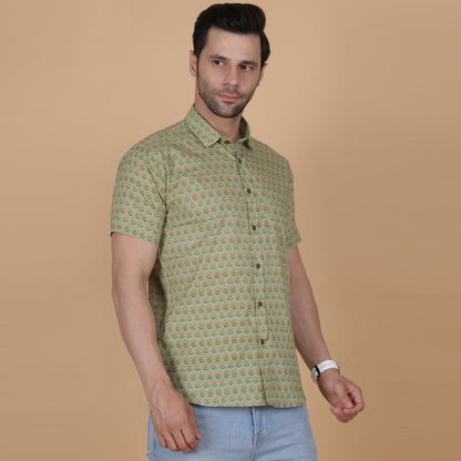 Men's Green Cotton Half-Sleeve Shirt with Floral Pattern
