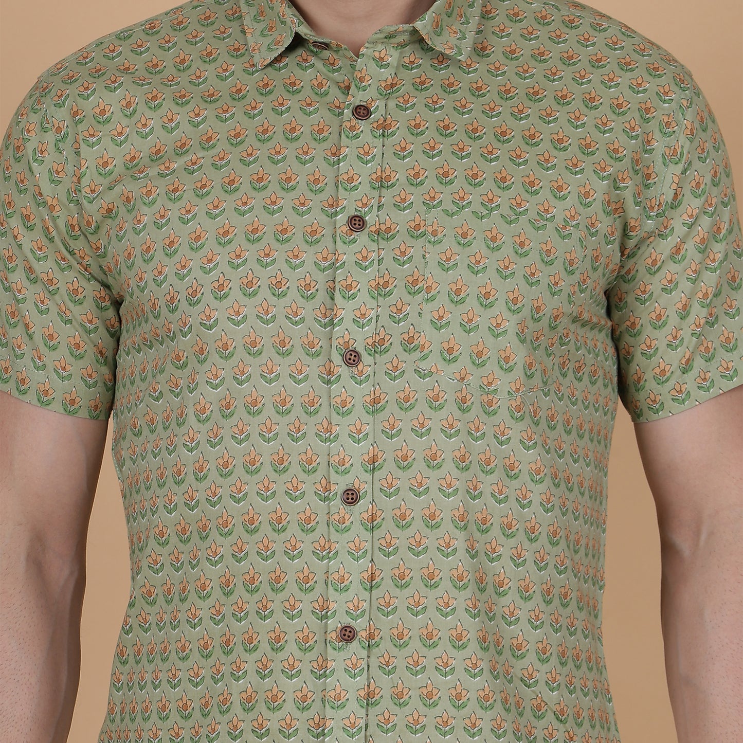 Men's Green Cotton Half-Sleeve Shirt with Floral Pattern