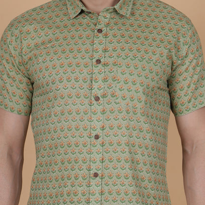 Men's Green Cotton Half-Sleeve Shirt with Floral Pattern