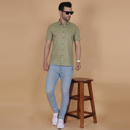 Men's Green Cotton Half-Sleeve Shirt with Floral Pattern