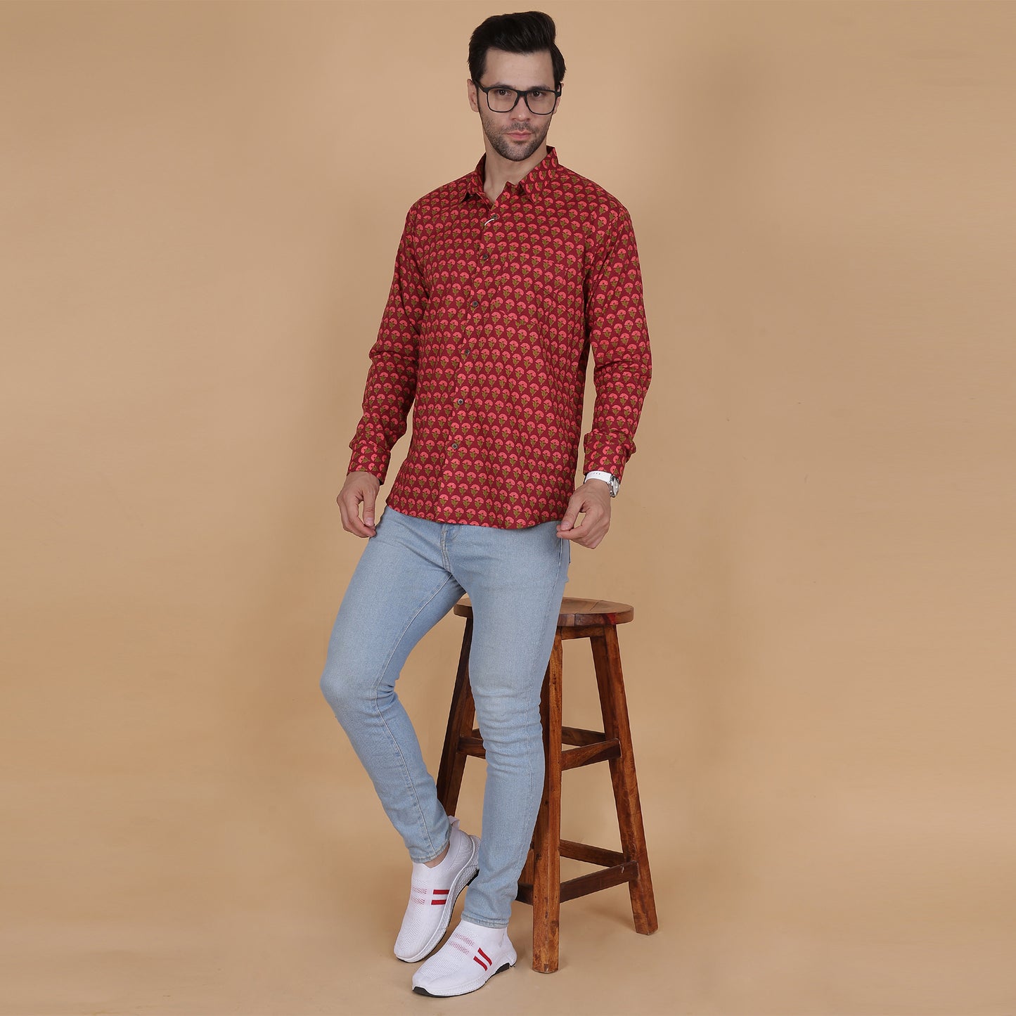 Men's Full-Sleeve Cotton Shirt with Red Floral Screen Print