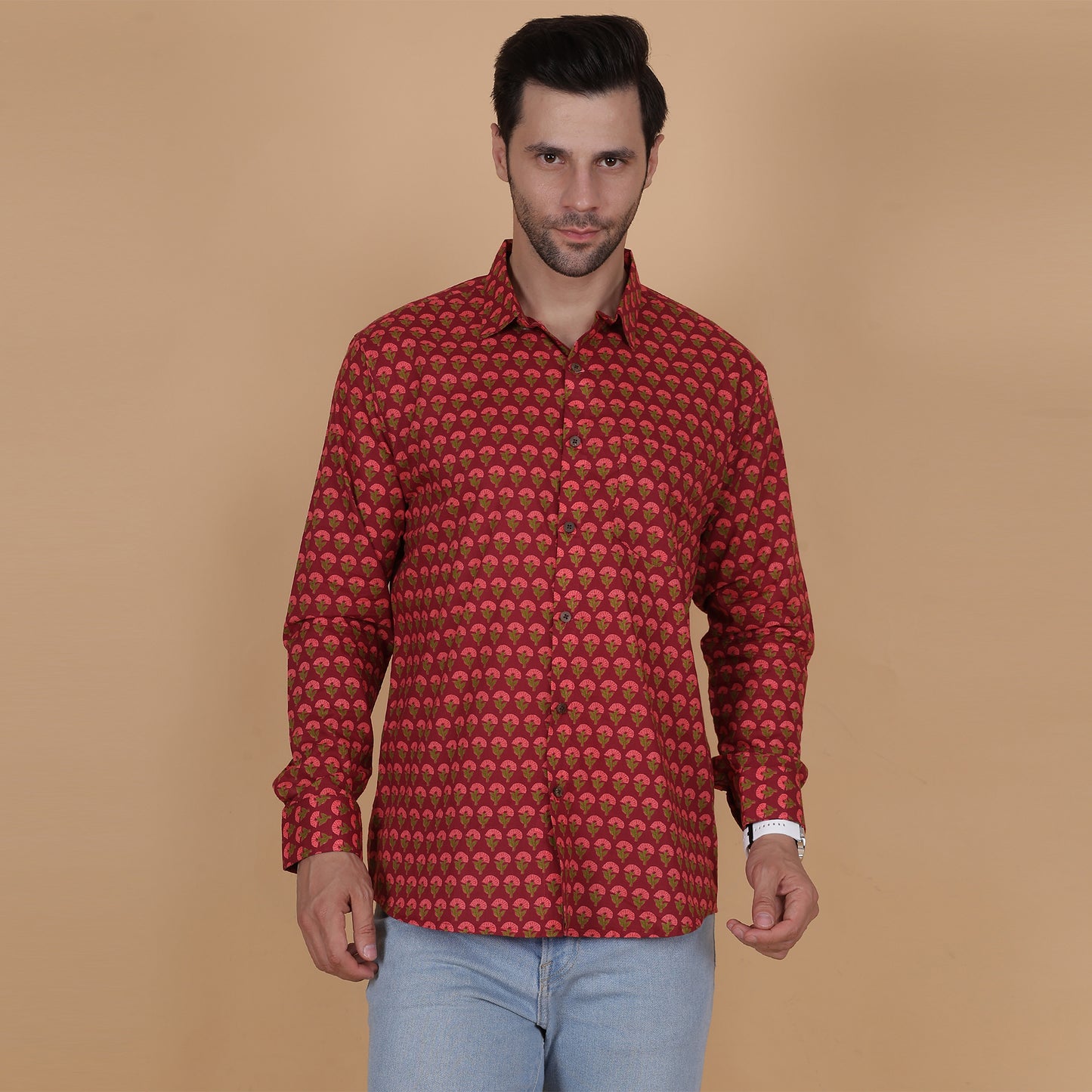 Men's Full-Sleeve Cotton Shirt with Red Floral Screen Print