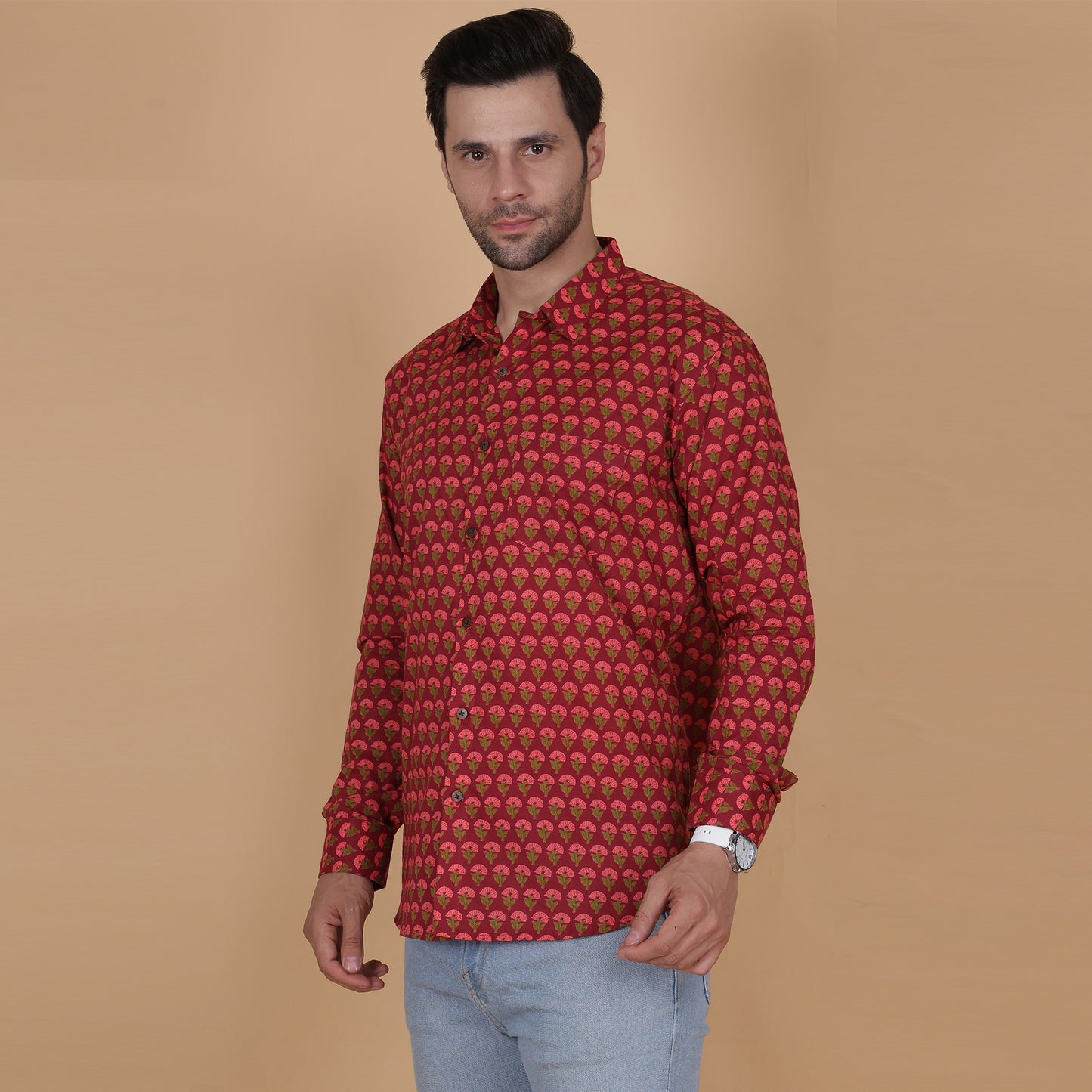 Men's Full-Sleeve Cotton Shirt with Red Floral Screen Print