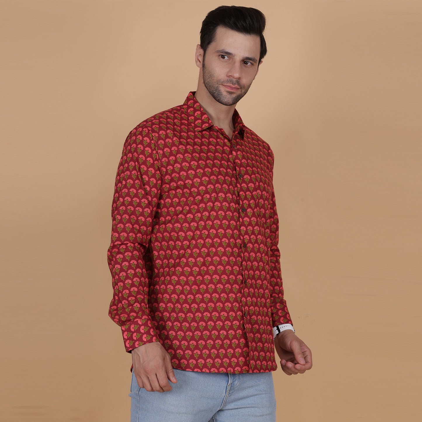 Men's Full-Sleeve Cotton Shirt with Red Floral Screen Print