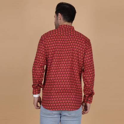 Men's Full-Sleeve Cotton Shirt with Red Floral Screen Print