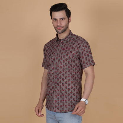 Men's Grey Cotton Half-Sleeve Shirt with Red Floral Print