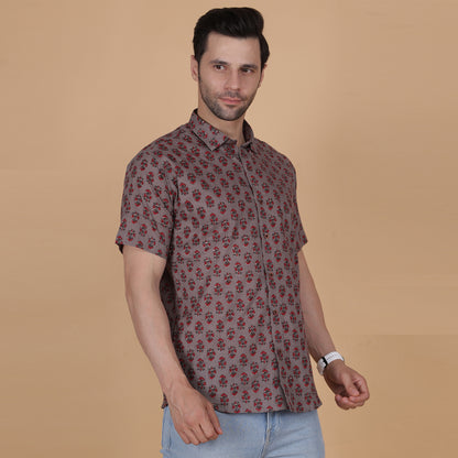 Men's Grey Cotton Half-Sleeve Shirt with Red Floral Print