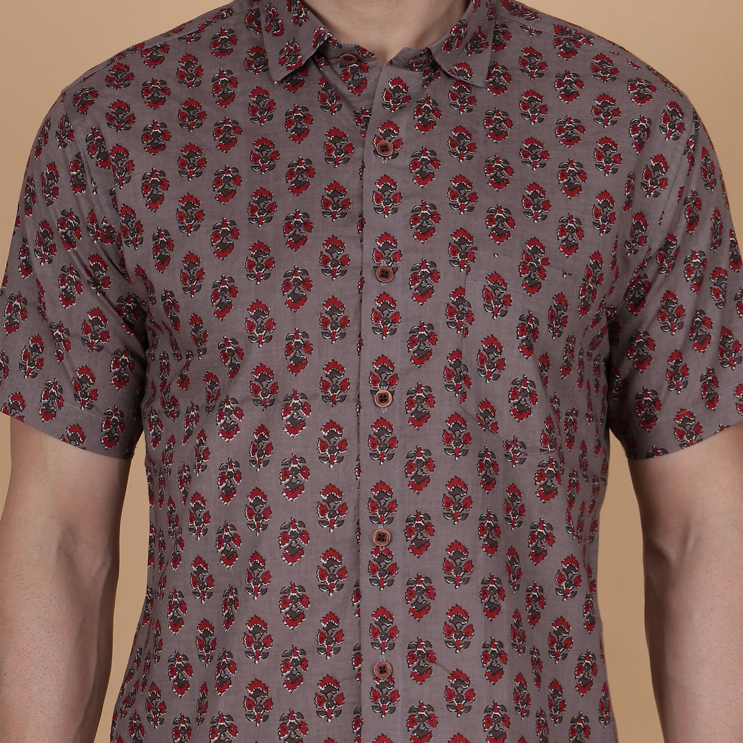 Men's Grey Cotton Half-Sleeve Shirt with Red Floral Print