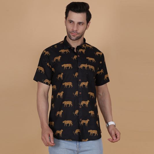 Men's Black Cotton Half-Sleeve Shirt with Leopard Print