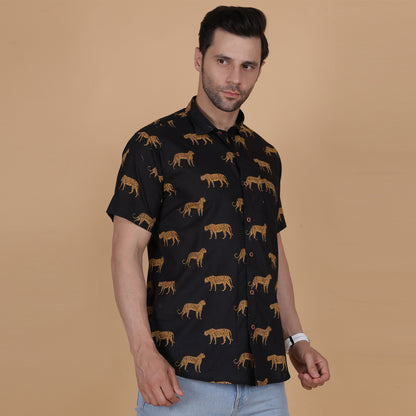 Men's Black Cotton Half-Sleeve Shirt with Leopard Print