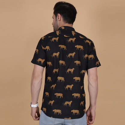 Men's Black Cotton Half-Sleeve Shirt with Leopard Print