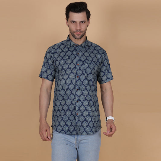 Men's Indigo Cotton Half-Sleeve Shirt with Heritage Print