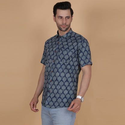 Men's Indigo Cotton Half-Sleeve Shirt with Heritage Print