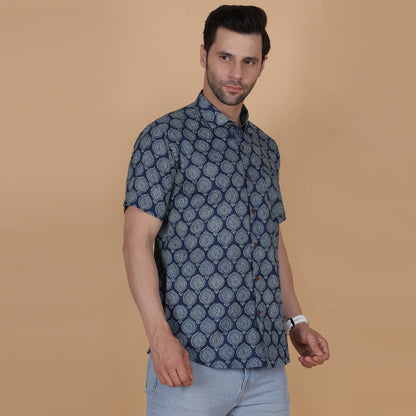 Men's Indigo Cotton Half-Sleeve Shirt with Heritage Print