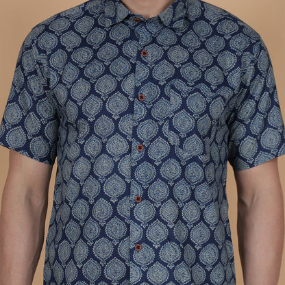 Men's Indigo Cotton Half-Sleeve Shirt with Heritage Print