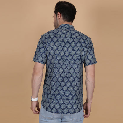 Men's Indigo Cotton Half-Sleeve Shirt with Heritage Print