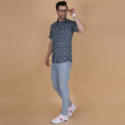 Men's Indigo Cotton Half-Sleeve Shirt with Heritage Print