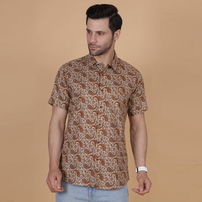 Men's Beige Cotton Half-Sleeve Shirt with Brown Paisley Pattern