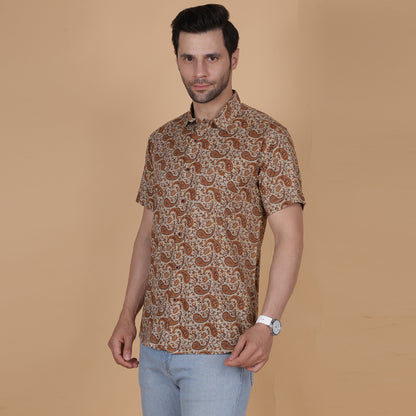 Men's Beige Cotton Half-Sleeve Shirt with Brown Paisley Pattern