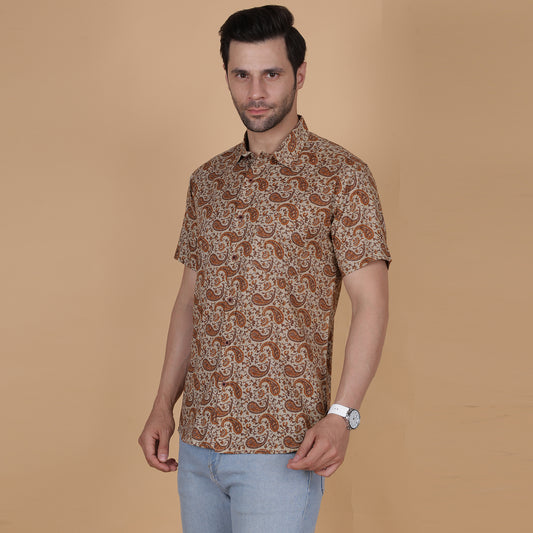 Men's Beige Cotton Half-Sleeve Shirt with Brown Paisley Pattern