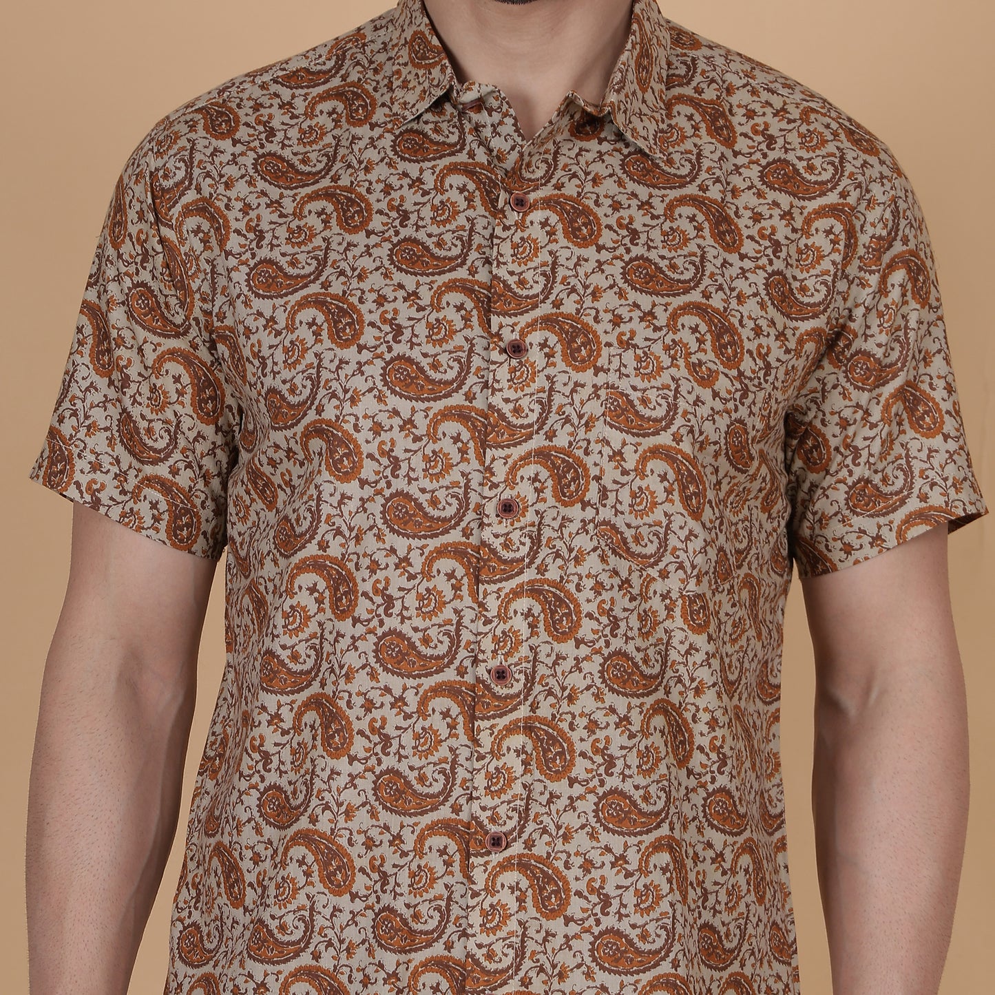 Men's Beige Cotton Half-Sleeve Shirt with Brown Paisley Pattern