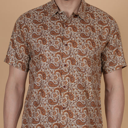 Men's Beige Cotton Half-Sleeve Shirt with Brown Paisley Pattern