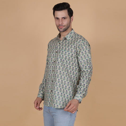 Men's Full-Sleeve Cotton Shirt with Mint Green Floral Screen Print