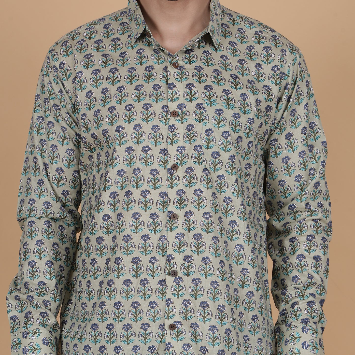 Men's Full-Sleeve Cotton Shirt with Mint Green Floral Screen Print