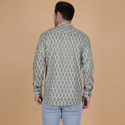 Men's Full-Sleeve Cotton Shirt with Mint Green Floral Screen Print