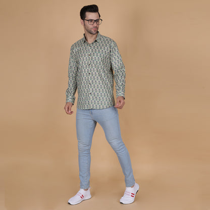 Men's Full-Sleeve Cotton Shirt with Mint Green Floral Screen Print