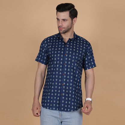 Men's Indigo Cotton Half-Sleeve Shirt with Tree Motif