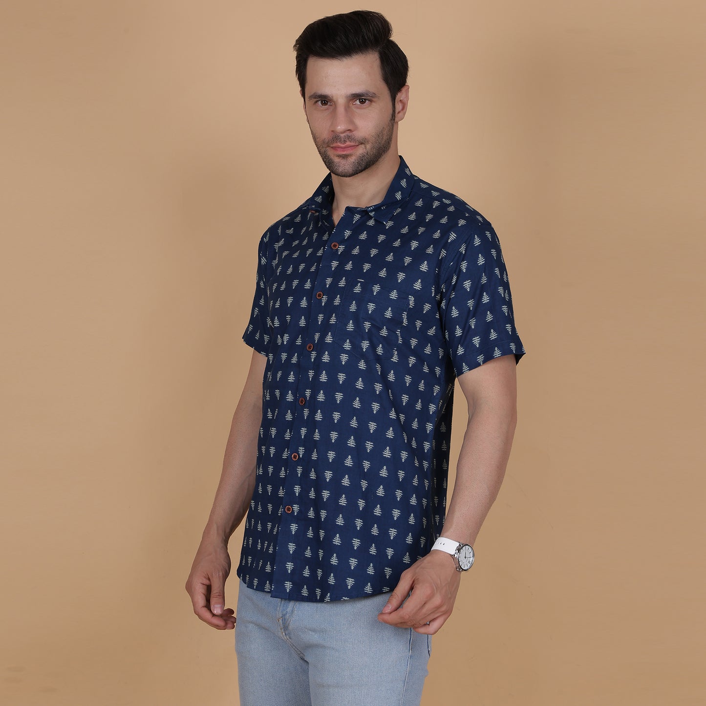 Men's Indigo Cotton Half-Sleeve Shirt with Tree Motif