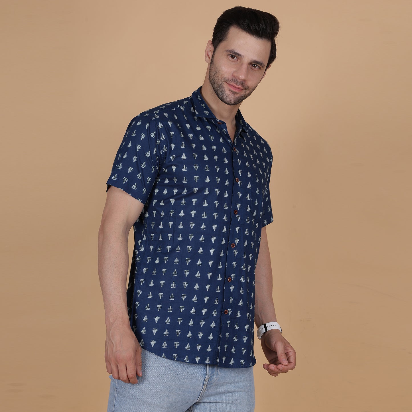 Men's Indigo Cotton Half-Sleeve Shirt with Tree Motif