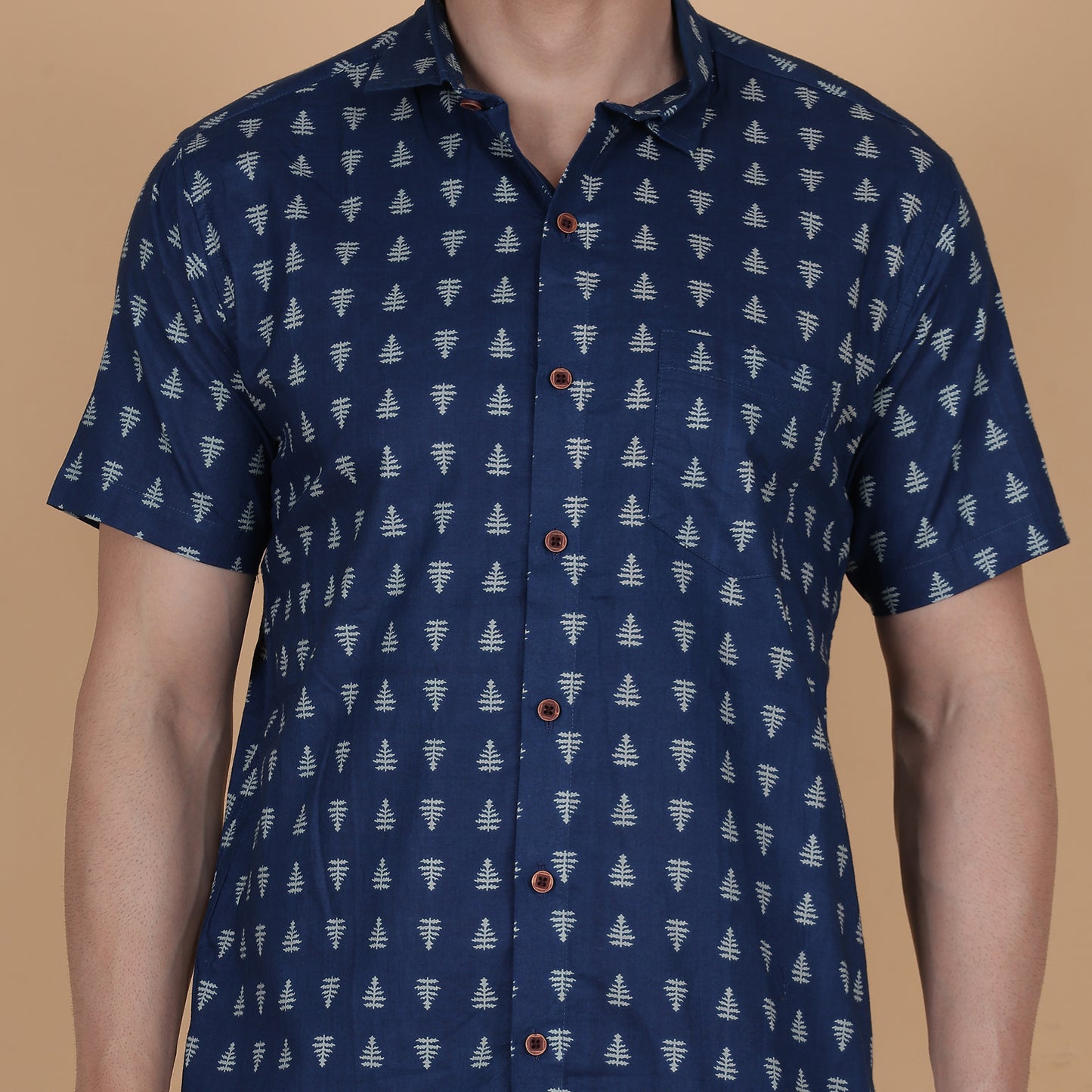 Men's Indigo Cotton Half-Sleeve Shirt with Tree Motif