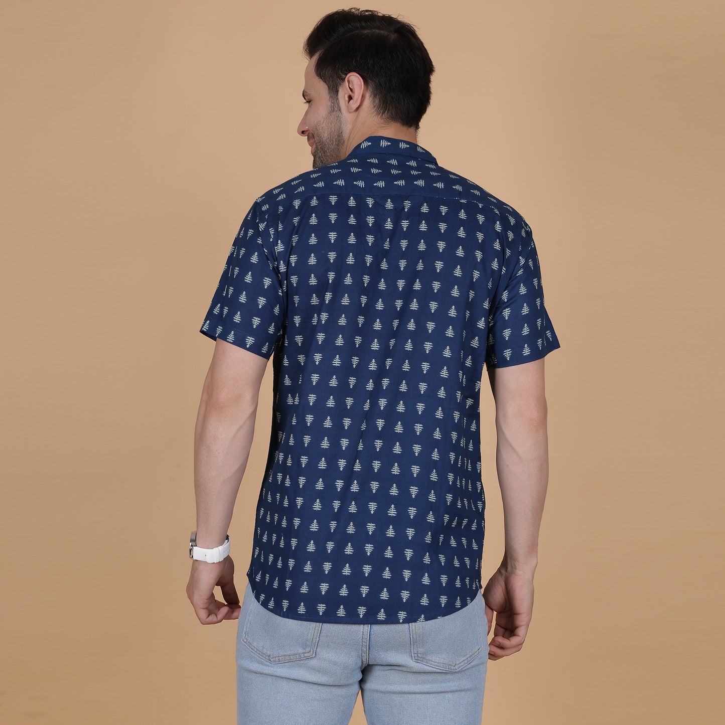 Men's Indigo Cotton Half-Sleeve Shirt with Tree Motif