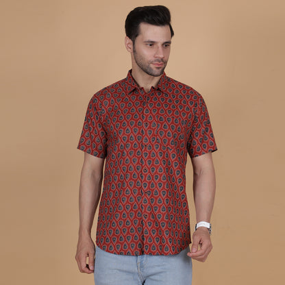 Men's Maroon Cotton Half-Sleeve Shirt with Teardrop Pattern