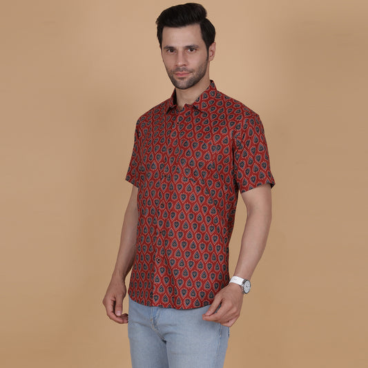 Men's Maroon Cotton Half-Sleeve Shirt with Teardrop Pattern