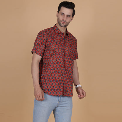 Men's Maroon Cotton Half-Sleeve Shirt with Teardrop Pattern