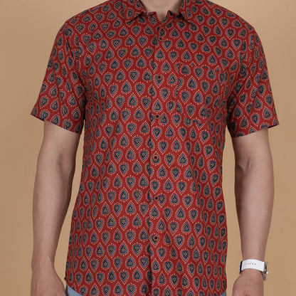 Men's Maroon Cotton Half-Sleeve Shirt with Teardrop Pattern