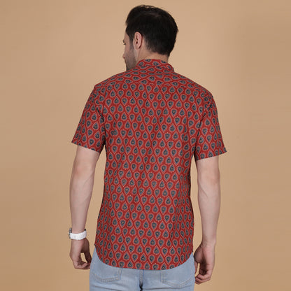 Men's Maroon Cotton Half-Sleeve Shirt with Teardrop Pattern