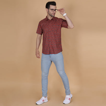 Men's Maroon Cotton Half-Sleeve Shirt with Teardrop Pattern