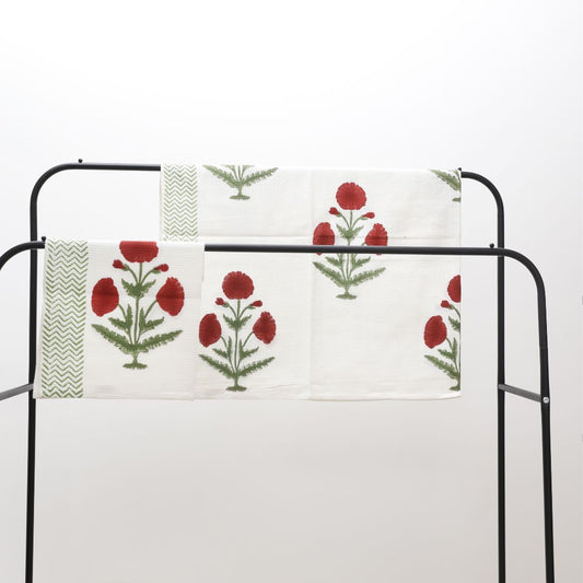 Maroon Poppy Handblock Towel & Napkin Set